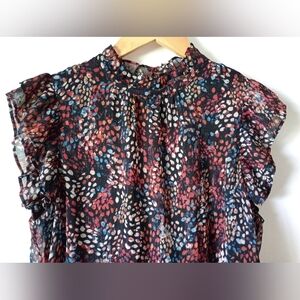 Anne Klein Black Multicolor Printed Ruffle Sleeve Blouse